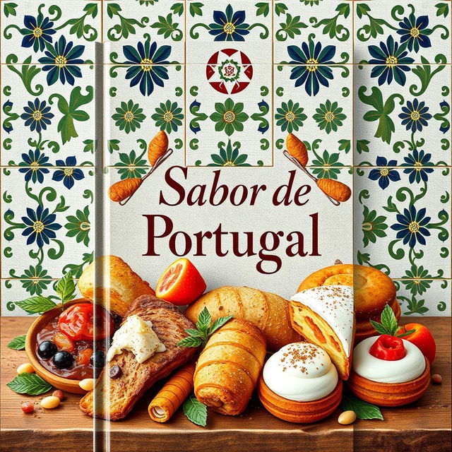 Uma capa de ebook lindamente elaborada mostrando a essência da culinária portuguesa, tanto na frente quanto no verso, escrita em português