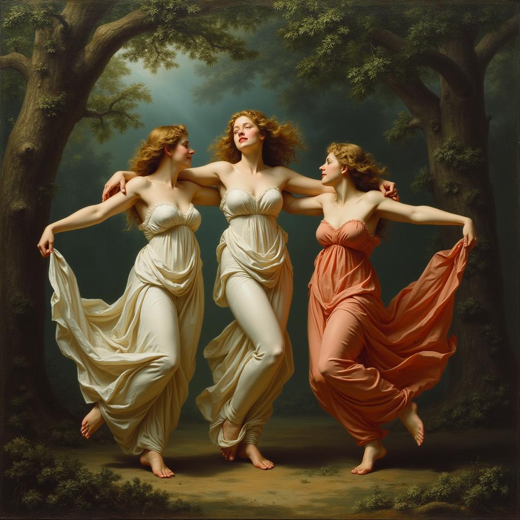 A painting of the Three Graces dancing gracefully within a lush forest grove, rendered in the style of Leonardo da Vinci