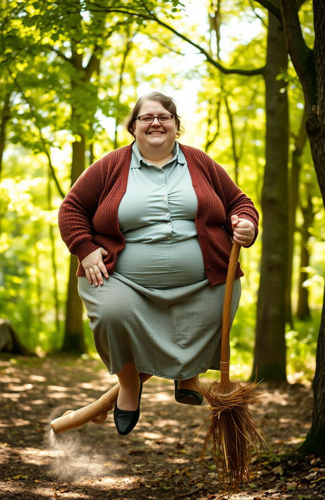 An extremely obese woman wearing a button-up shirt, a cardigan, and a skirt, sitting comfortably on a whimsical broomstick