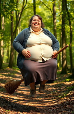 An extremely obese woman wearing a button-up shirt, a cardigan, and a skirt, sitting comfortably on a whimsical broomstick