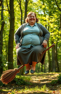 An extremely obese woman wearing a button-up shirt, a cardigan, and a skirt, sitting comfortably on a whimsical broomstick