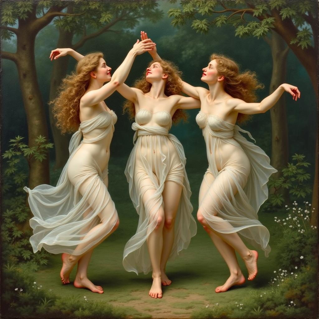 A painting of the Three Graces dancing in a forest grove, styled after Botticelli