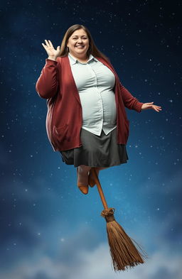 An extremely obese young woman wearing a button-up shirt, a cardigan, and a skirt, sitting on a broomstick