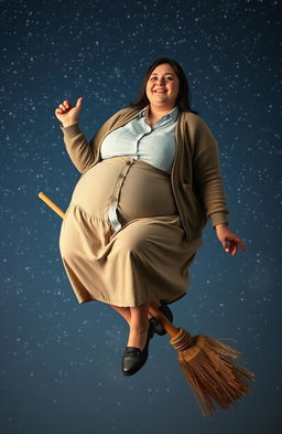 An extremely obese young woman wearing a button-up shirt, a cardigan, and a skirt, sitting on a broomstick