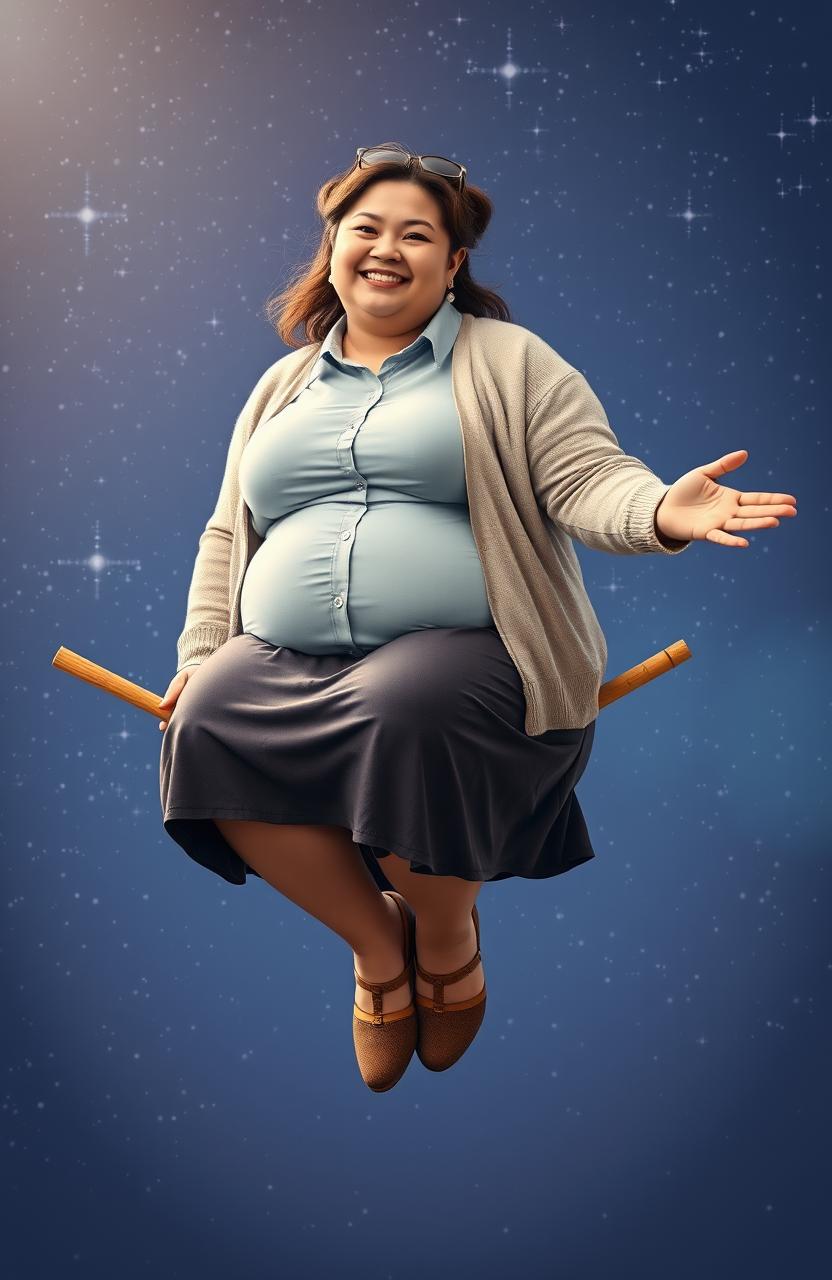 An extremely obese young woman wearing a button-up shirt, a cardigan, and a skirt, sitting on a broomstick