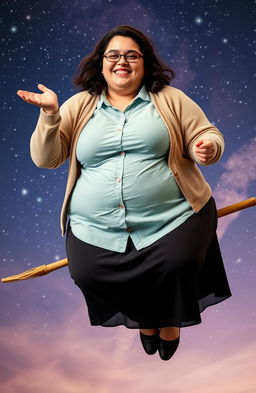 An extremely obese young woman wearing a button-up shirt, a cardigan, and a skirt, sitting on a broomstick