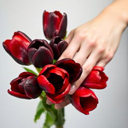 A beautiful feminine hand gracefully holding a bouquet of red and black tulips