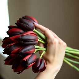 A beautiful feminine hand gracefully holding a bouquet of red and black tulips