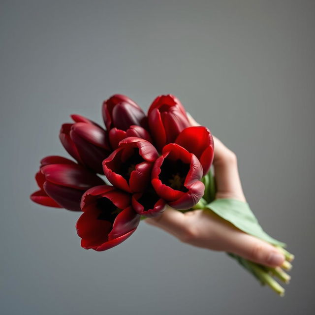 A beautiful feminine hand gracefully holding a bouquet of red and black tulips