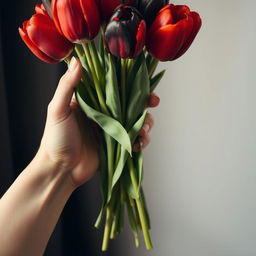 A beautiful feminine hand gracefully holding a bouquet of red and black tulips