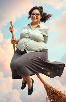 A portrait of an extremely obese young woman wearing a button-up shirt and skirt, confidently sitting on a broomstick