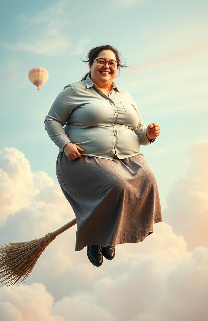 A portrait of an extremely obese young woman wearing a button-up shirt and skirt, confidently sitting on a broomstick