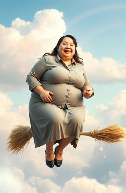 A portrait of an extremely obese young woman wearing a button-up shirt and skirt, confidently sitting on a broomstick