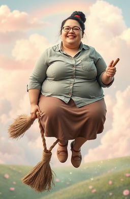 A portrait of an extremely obese young woman wearing a button-up shirt and skirt, confidently sitting on a broomstick