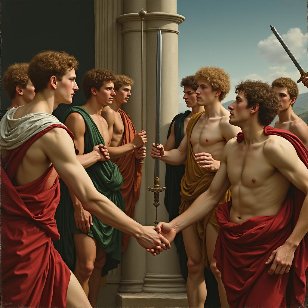 A reinterpretation of 'The Oath of the Horatii' in the style of Raphael