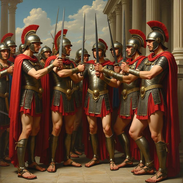 A painting depicting the scene from the Oath of the Horatii, where Roman soldiers are holding swords, created in the style of Raphael