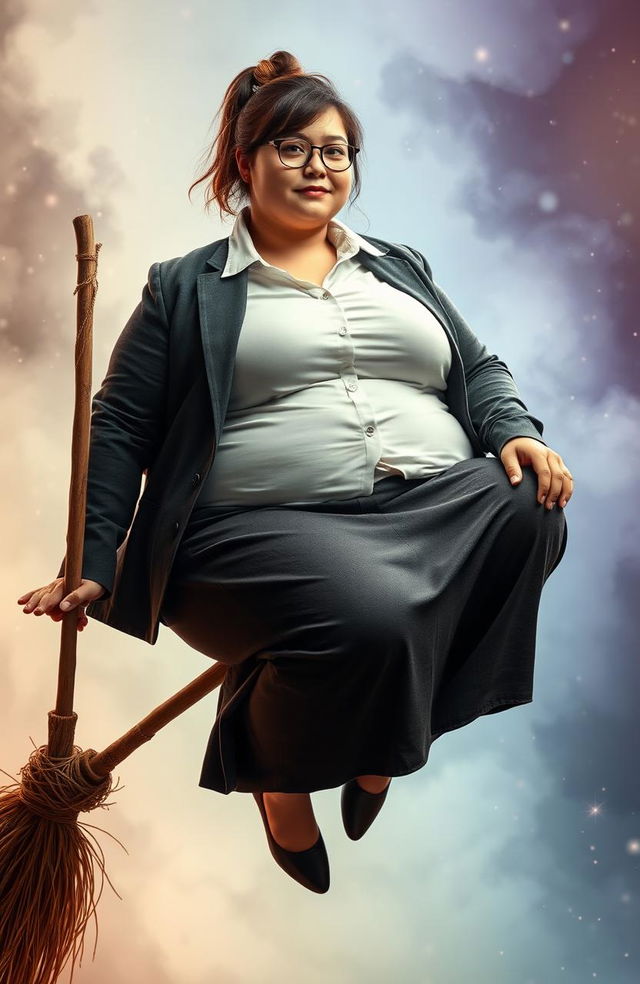 A young woman with an extremely obese figure, wearing a button-up shirt and a suit jacket with a skirt, sitting confidently on a broomstick, floating against a whimsical, magical background filled with mist and sparkles, suggesting a theme of playful fantasy and magic