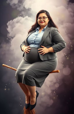 A young woman with an extremely obese figure, wearing a button-up shirt and a suit jacket with a skirt, sitting confidently on a broomstick, floating against a whimsical, magical background filled with mist and sparkles, suggesting a theme of playful fantasy and magic