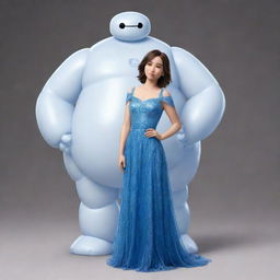 An image of a slightly taller brunette girl with shoulder-length hair, dressed in a crystal-like blue gown, standing side by side with Baymax, the beloved cartoon character from Big Hero 6.