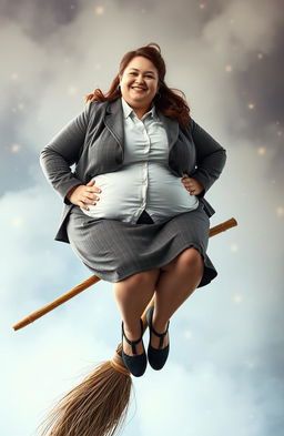 A young woman with an extremely obese figure, wearing a button-up shirt and a suit jacket with a skirt, sitting confidently on a broomstick, floating against a whimsical, magical background filled with mist and sparkles, suggesting a theme of playful fantasy and magic