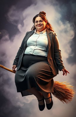 A young woman with an extremely obese figure, wearing a button-up shirt and a suit jacket with a skirt, sitting confidently on a broomstick, floating against a whimsical, magical background filled with mist and sparkles, suggesting a theme of playful fantasy and magic