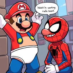 A humorous and cartoonish scene featuring Mario from the Super Mario series caught in a silly moment where he's left wearing only his underwear due to a mischievous Among Us crewmate