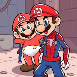 A humorous and cartoonish scene featuring Mario from the Super Mario series caught in a silly moment where he's left wearing only his underwear due to a mischievous Among Us crewmate