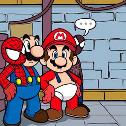 A humorous and cartoonish scene featuring Mario from the Super Mario series caught in a silly moment where he's left wearing only his underwear due to a mischievous Among Us crewmate