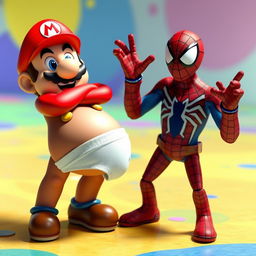 A playful and humorous 3D scene featuring Mario from the Super Mario series unintentionally left in just his underwear by a cheeky Among Us crewmate