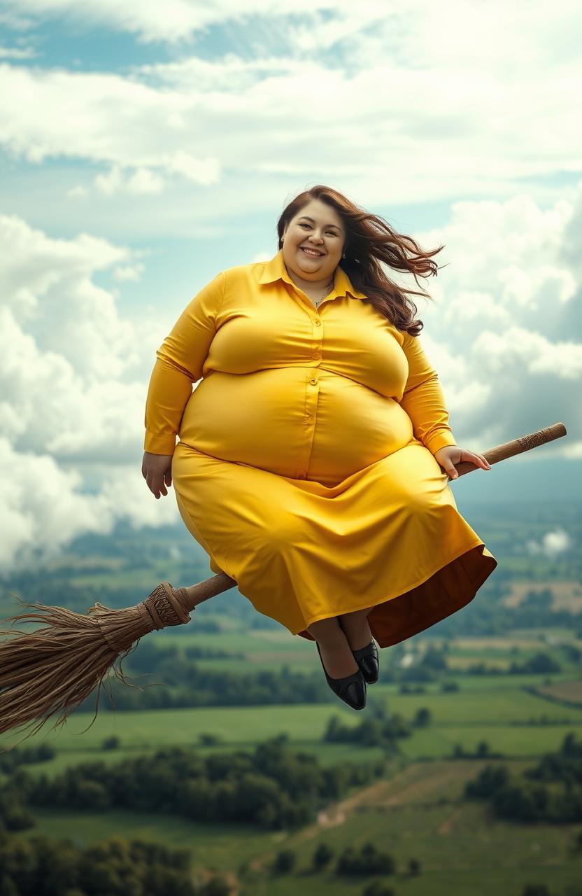 extremely obese young woman in a yellow button-up shirt and suit jacket skirt, sitting confidently on a broomstick