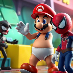 A playful and humorous 3D scene featuring Mario from the Super Mario series unintentionally left in just his underwear by a cheeky Among Us crewmate