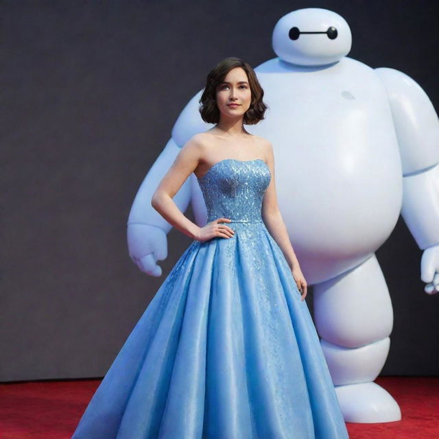 An image of a slightly taller brunette girl with shoulder-length hair, dressed in a crystal-like blue gown, standing side by side with Baymax, the beloved cartoon character from Big Hero 6.