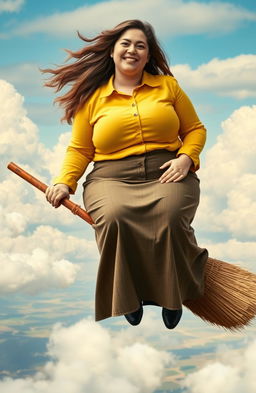 extremely obese young woman in a yellow button-up shirt and suit jacket skirt, sitting confidently on a broomstick