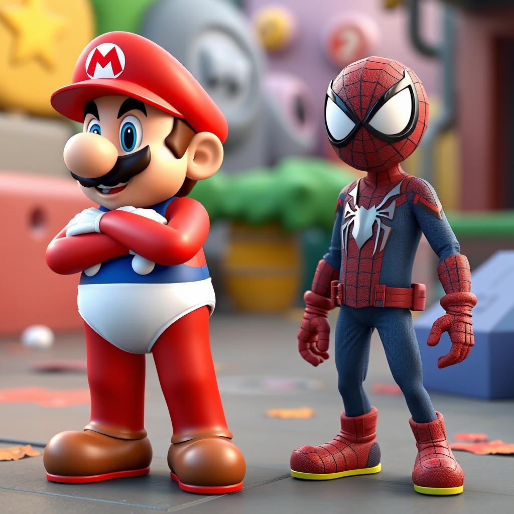 A playful and humorous 3D scene featuring Mario from the Super Mario series unintentionally left in just his underwear by a cheeky Among Us crewmate