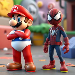 A playful and humorous 3D scene featuring Mario from the Super Mario series unintentionally left in just his underwear by a cheeky Among Us crewmate