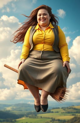 extremely obese young woman in a yellow button-up shirt and suit jacket skirt, sitting confidently on a broomstick