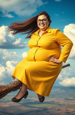 extremely obese young woman in a yellow button-up shirt and suit jacket skirt, sitting confidently on a broomstick