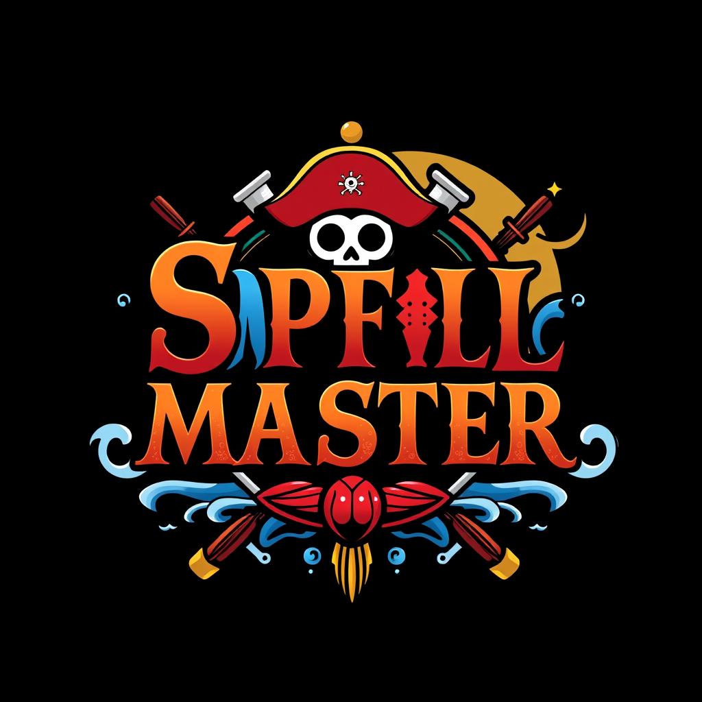 A captivating logo inspired by the One Piece anime, featuring the text 'SPELL MASTER' in an adventurous and pirate-themed font