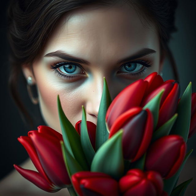 A beautiful woman with striking blue eyes holds a bouquet of red and black tulips close to her face