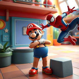 A humorous 3D scene featuring Mario without his overalls, standing in just his underwear due to a mischievous Among Us character, all while Spider-Man looks on with a surprised expression