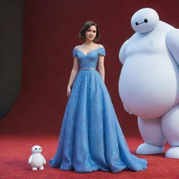 An image of a slightly taller brunette girl with shoulder-length hair, dressed in a crystal-like blue gown, standing side by side with Baymax, the beloved cartoon character from Big Hero 6.