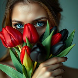 A beautiful woman with striking blue eyes holds a bouquet of red and black tulips close to her face