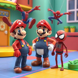 A humorous 3D scene featuring Mario without his overalls, standing in just his underwear due to a mischievous Among Us character, all while Spider-Man looks on with a surprised expression