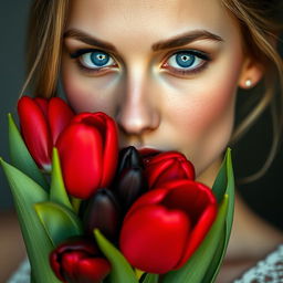 A beautiful woman with striking blue eyes holds a bouquet of red and black tulips close to her face