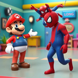 A humorous 3D scene featuring Mario without his overalls, standing in just his underwear due to a mischievous Among Us character, all while Spider-Man looks on with a surprised expression