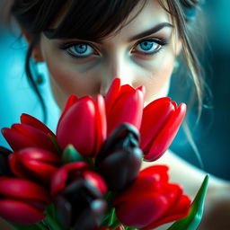 A beautiful woman with striking blue eyes holds a bouquet of red and black tulips close to her face