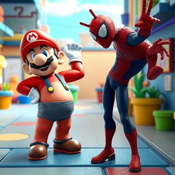 A humorous 3D scene featuring Mario without his overalls, standing in just his underwear due to a mischievous Among Us character, all while Spider-Man looks on with a surprised expression