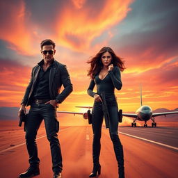 A movie poster featuring a charismatic man and woman secret agent duo standing confidently on a desert runway