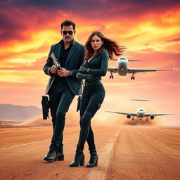 A movie poster featuring a charismatic man and woman secret agent duo standing confidently on a desert runway