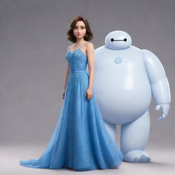 An image of a slightly taller brunette girl with shoulder-length hair, dressed in a crystal-like blue gown, standing side by side with Baymax, the beloved cartoon character from Big Hero 6.